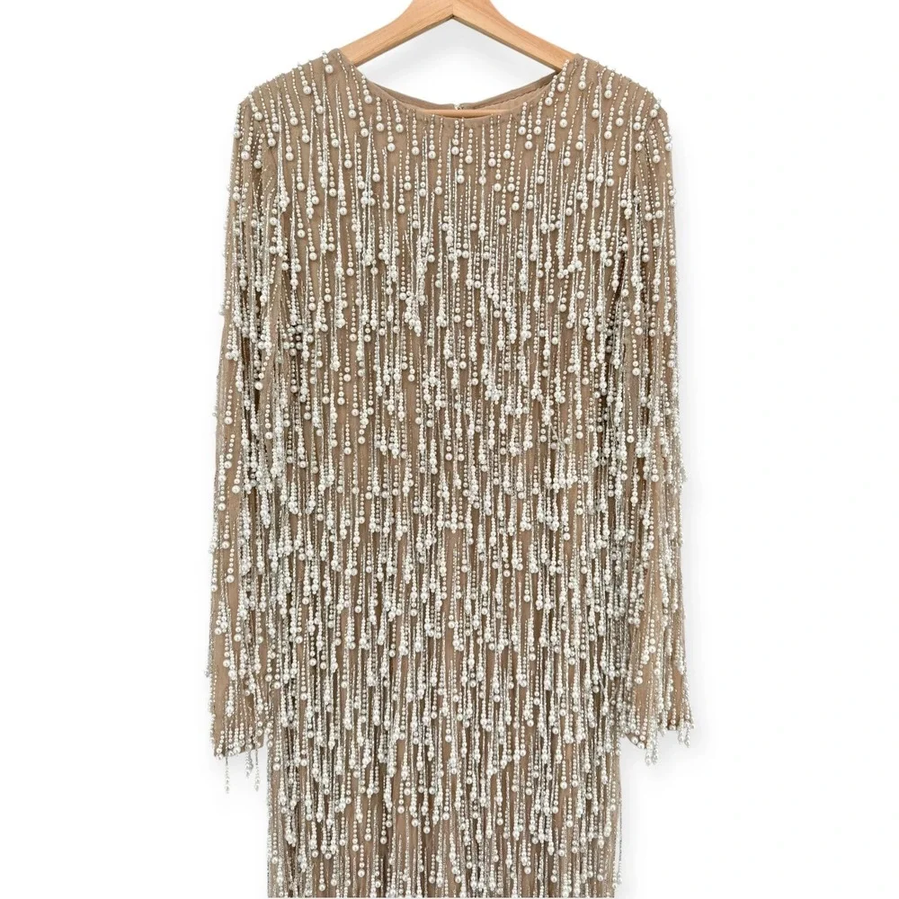 Mac Duggal Beige Long Sleeve Midi Dress With Embellished Fringe $898 - Size‎ 12
